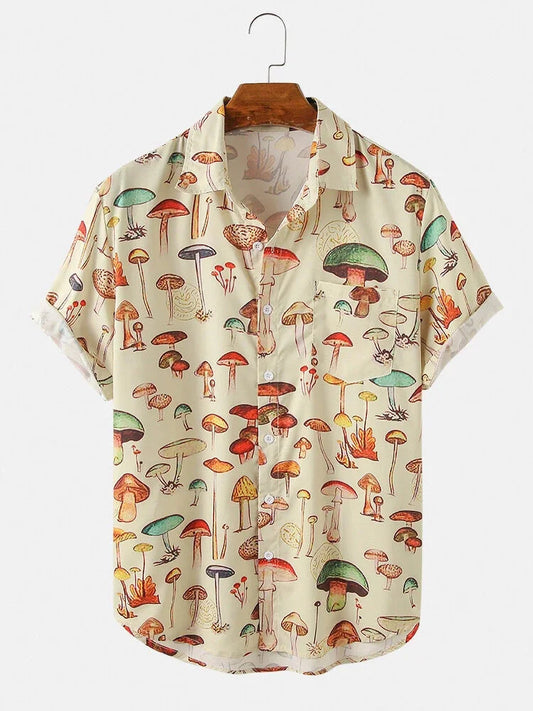 Colorful Element Mushroom Pattern Print Button Up Casual Shirt