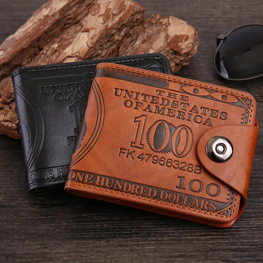 Black PU Leather Wallet for Men Vintage 100 USD Print Wallet