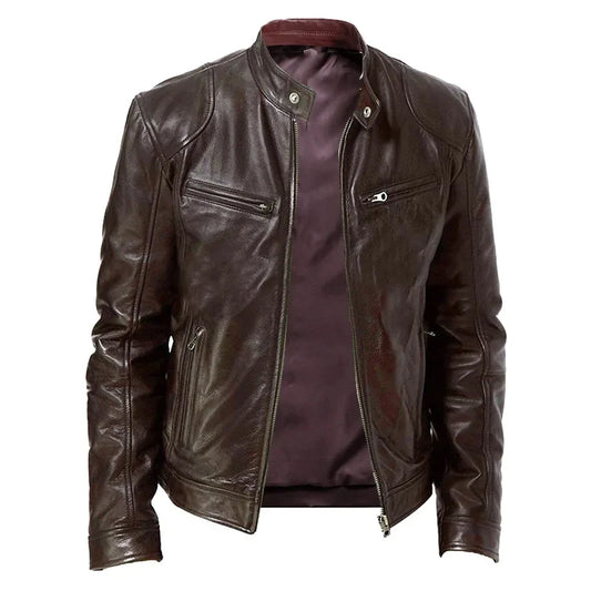 Men's leather jacket standing neck zipper casual slim fitting jacket, motorcycle leather jacket men's winter fleece tactical