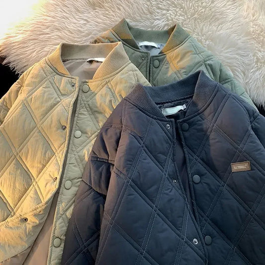 Men's Winter Jackets Stand Collar Diamond Lattice Thick Warm High Quality Jackets Solid Color Casual Single Breasted Warm Parkas